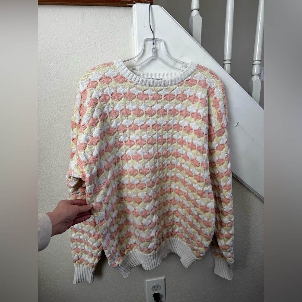 VTG Islander Cotton Bermuda Knit Sweater L Pink Yellow White Honeycomb Popcorn